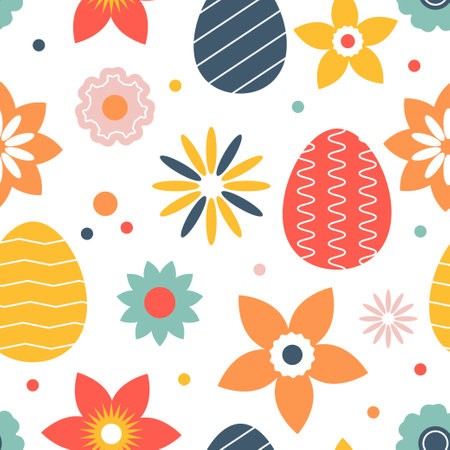 Cute Easter seamless pattern with eggs and flowers. Floral repeating background. Spring holiday print. Vector designのイラスト素材