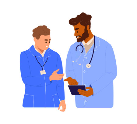 African american doctor and caucasian nurse talking in hospital. Healthcare diverse team. Flat vector illustration isolated on white backgroundのイラスト素材