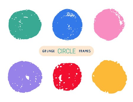 Colorful hand drawn grunge doodle charcoal, chalk brush circle frames. Graffiti style colored round borders. Spray paint effect. Vector illustrationのイラスト素材