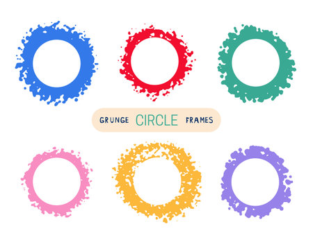 Colorful hand drawn grunge doodle charcoal, chalk brush circle frames. Rough texture round borders. Spray noise paint effect. Vector illustrationのイラスト素材