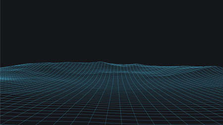 Abstract vector wireframe landscape background. 3D futuristic mesh mountains. 80s Retro illustration. Cyberspace technology valleys.のイラスト素材