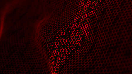 Futuristic hexagon perspective wave. Red hexagons with blue highlights on a dark background. 3d renderingの写真素材