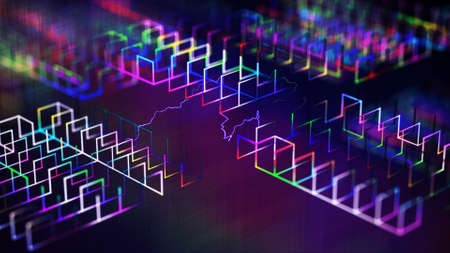 Abstract neon cube. Glowing mesh with static. cyberpunk signboard. 3d renderingの写真素材