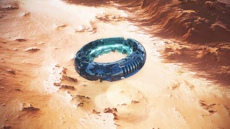 UFO Unidentified Flying Object in the desert, canyons. Spaceship of the future. 3d rendering