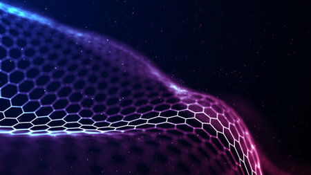 Futuristic hexagon perspective wave. White hexagons with blue highlights on a dark background. 3d...