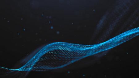 Futuristic hexagon perspective wave. White hexagons with blue highlights on a dark background. 3d renderingの写真素材