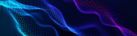 Futuristic hexagon perspective wave. White hexagons with blue highlights on a dark background. 3d renderingの写真素材