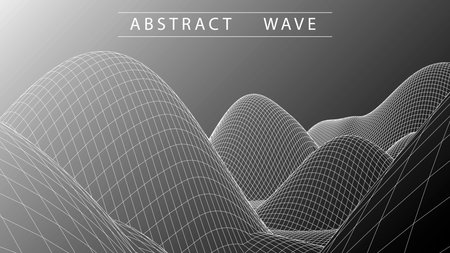 Abstract vector wireframe landscape background. 3D futuristic mesh mountains. 80s Retro illustration. Webdesignのイラスト素材