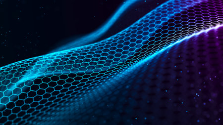 Futuristic hexagon perspective wave. White hexagons with blue highlights on a dark background. 3d renderingの写真素材