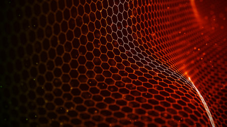 Futuristic hexagon perspective wave. White hexagons with blue highlights on a dark background. 3d renderingの写真素材