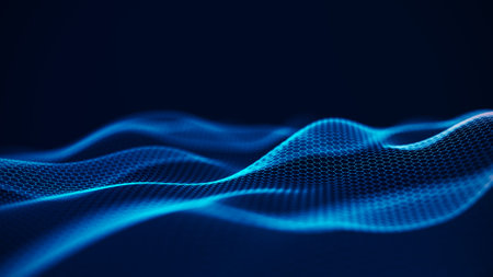 Futuristic hexagon perspective wave. White hexagons with blue highlights on a dark background. 3d renderingの写真素材