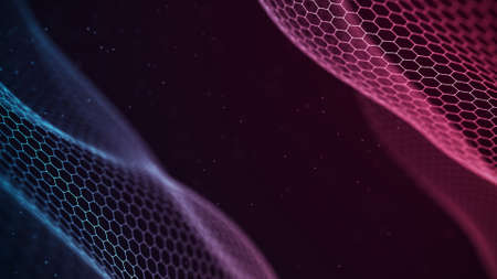 Futuristic hexagon perspective wave. White hexagons with blue highlights on a dark background. 3d...