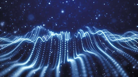 Wave of particles. Futuristic point wave. Abstract background with a dynamic wave. 3d rendering