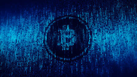 cryptocurrency logo a dark background. binary options. bitcoin prices rise and fall, trade. 3d...