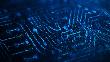 Abstract cyberpunk city. Technological background. microcircuit and computer parts. City of the future. 3d renderingの写真素材