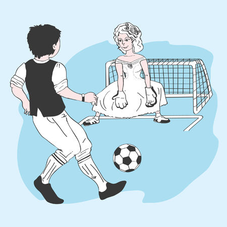 Illustration of bride and groom playing footballの写真素材