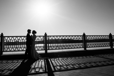 A young, sympathetic couple walking around the city on the background of the lake.の写真素材