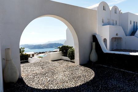 The sea view terrace at luxury hotel, Santorini island, Greeceの写真素材