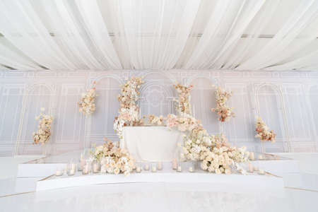 Beautifully decorated table for brides. A place to celebrateの写真素材