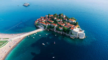 View from flying drone. Panoramic view of Sveti Stefan island in a beautiful summer day, Montenegro.Top View. beautiful destinations.のeditorial素材