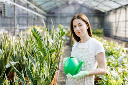 A young woman stands in the middle of a large greenhouse holding a watering can and smiling at the cameraの写真素材