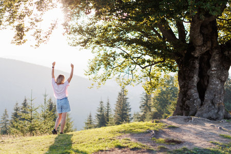 A charming picturesque view of the mountains. A young woman is standing near a big tree on a hill and raised her hands up. Carpathian Mountains.の写真素材