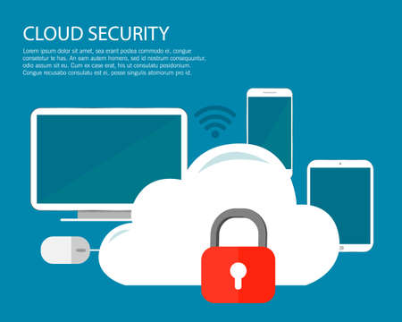 Illustration of security center, cloud with lock. Flat design.