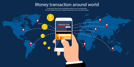 Money transaction around world, business, mobile banking and mobile payment. Vector illustration.のイラスト素材
