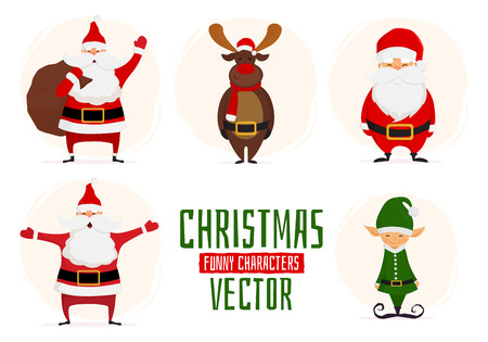 Collection Cartoon Santa Claus, Christmas Elf and Christmas Deer Isolaten on White Background. Vector Merry Christmas and Happy New Year Congratulation Design.のイラスト素材