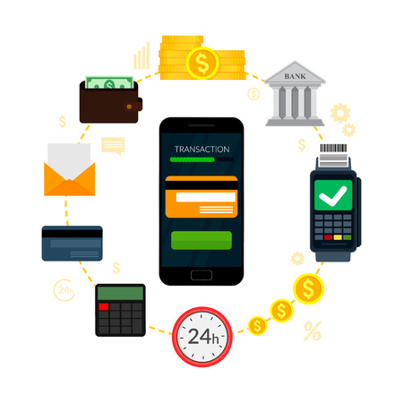 Mobile Banking and Mobile Payments concept. Money Transaction, Finance, Business Icons. Vector Illustration Isolated on White Background. Flat design. EPS10.のイラスト素材