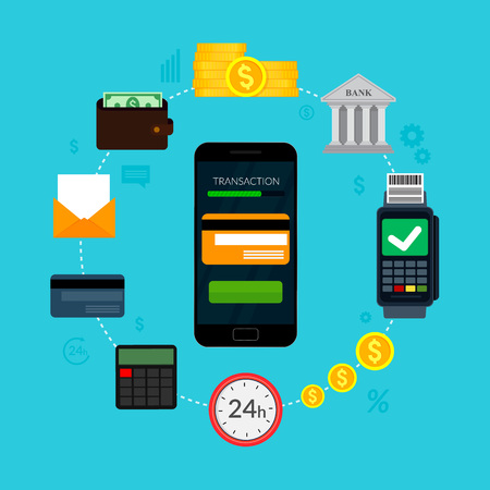 Mobile Banking and Mobile Payments concept. Money Transaction, Finance, Business Icons. Vector Illustration. Flat design. EPS10.のイラスト素材