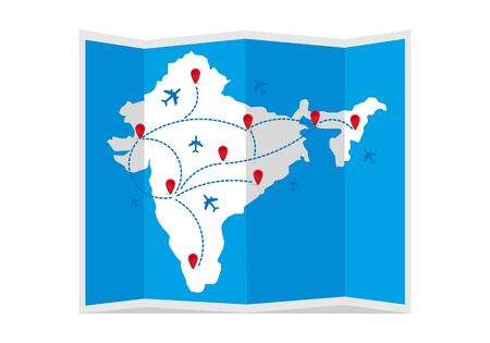 India travel map with airplanes and markers. Vector illustration.のイラスト素材