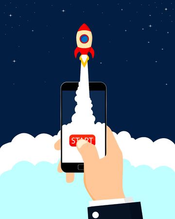 Smartphone with rocket startup, business concept. Vector illustration.のイラスト素材