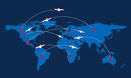 World travel map with airplanes and markers. Vector illustration. Modern flat design.のイラスト素材