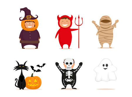 Happy Halloween. Kids in costumes isolated on white background. Pumpkin, devil, mummy, skeleton, ghost, black cat. Vector illustration set.のイラスト素材