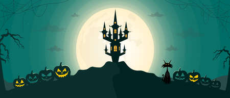 Happy Halloween night landscape background with moon and scary castle. Vector illustration.のイラスト素材
