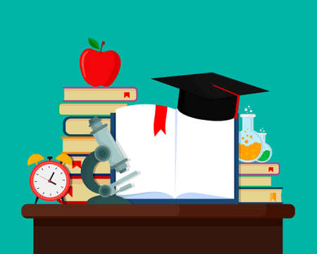 Vector education concept. Books, microscope, test tubes, academic cap. Set of objects for education on table.のイラスト素材