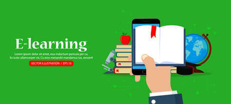 Vector online education concept. Horizontal web banner. Hand holding mobile phone with open book.のイラスト素材