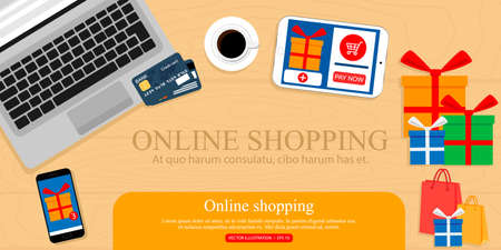 Online shopping, concept desktop with computer, table, shopping bags, credit cards, and products.のイラスト素材