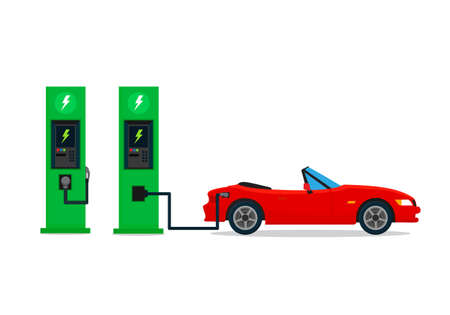 Electric car charging at the charger station. Vector illustration, flat design.のイラスト素材