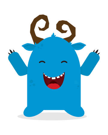 Cute blue horned monster. Vector illustration, flat design.のイラスト素材
