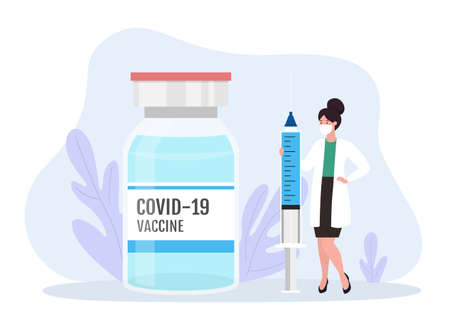 Coronavirus vaccine concept. Woman doctor with vaccine bottle and corona virus injection syringe. Isolated vector illustration.のイラスト素材