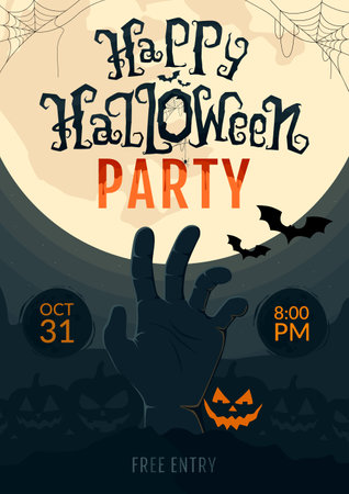 Happy Halloween Party poster templates or welcoming banner. Zombie hand on spooky landscape at moon and scary calligraphy letters. Vector illustration.のイラスト素材