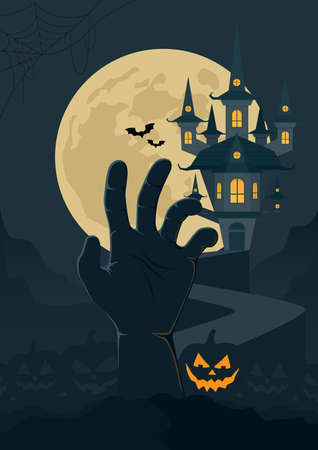 Halloween holidays poster. Night landscape with moon, old scary castle and zombie hand. Vector illustration.のイラスト素材