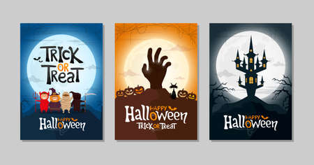 Set of Happy Halloween and Trick or Treat greeting cards or party invitations. Three poster with kids, zombie hand, and spooky castle. Vector illustration.のイラスト素材