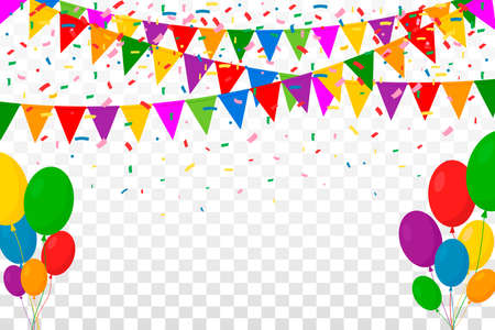 Web Banner with Garland of Color Flags, Confetti and Balloons on Transparent Background. Space for Your Text. Vector Illustration. Flat Design. EPS 10.のイラスト素材