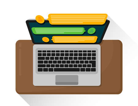 Social network concept. Laptop with messages on the screen. Chatting and messaging concept. Vector illustration. Flat design. EPS 10.のイラスト素材