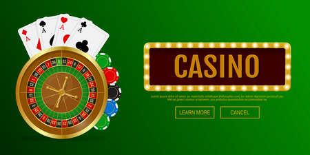 Horizontal casino banner with roulette, casino chips and gamble cards on green background. Vector illustration.のイラスト素材