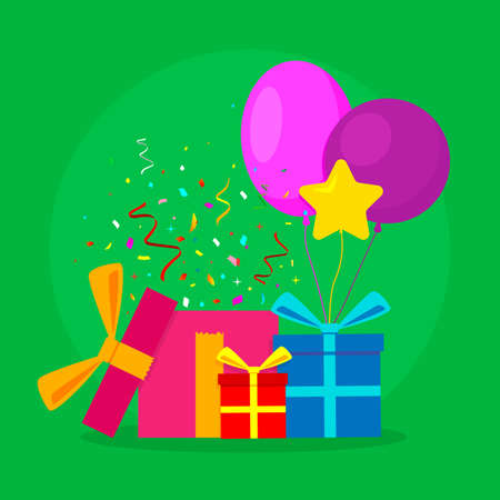 Gift Box, Balloons and Confetti on Green Background. Vector Celebration Illustration.のイラスト素材