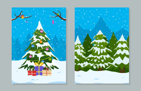 Greeting cards with christmas tree with gifts and decoration on winter landscape. Holiday Christmas and New Year vector illustration.のイラスト素材